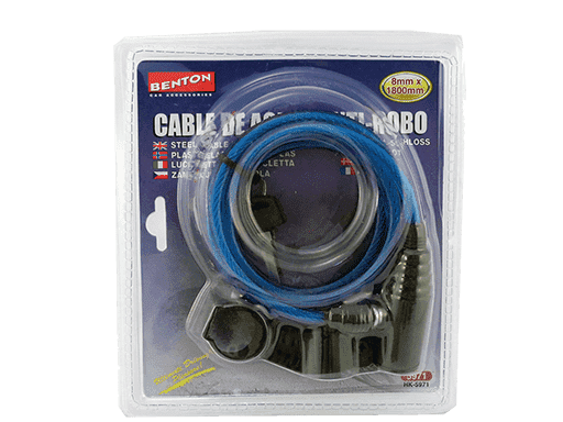 CABLE DE ACERO ANTIRROBO RECUBIERTO EN PLASTICO CON LLAVE 8mm x 1,8 MTS