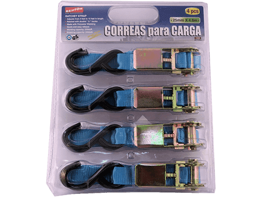 SET DE 4 CORREAS PARA ASEGURAR CARGA CON GANCHOS TIPO ¨S¨ & CON TECLE - 25mm x 4,5mts - CARGA MAX 350KGS